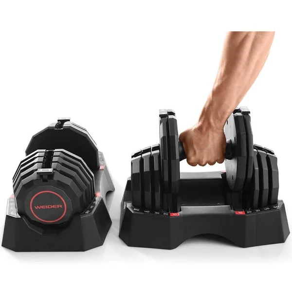 Weider Select-A-Weight Adjustable 50 Pound Dumbbell Weights | Pair with Storage Tray