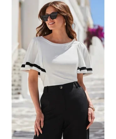 White & Black Contrast Trim Angel Sleeve Top