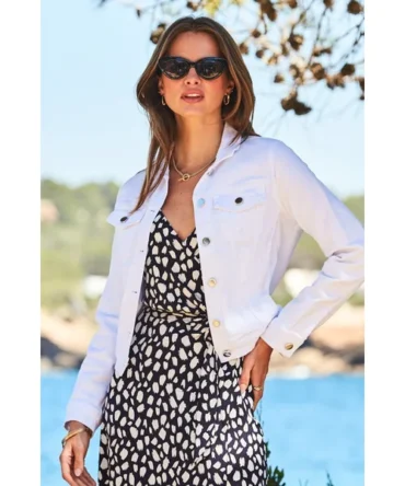 White Denim Jacket With Silver Button Detail