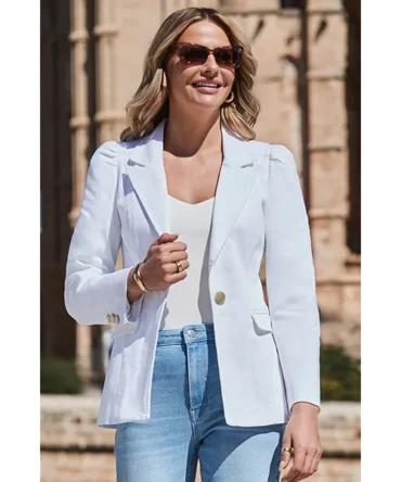 White Denim Ruched Shoulder Blazer