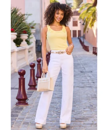 White Pintuck Detail Wide Leg Jeans