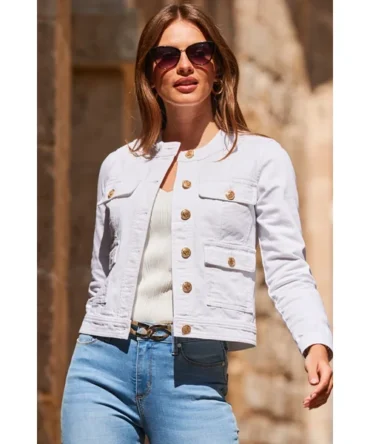 White Round Neck Pocket Front Denim Jacket