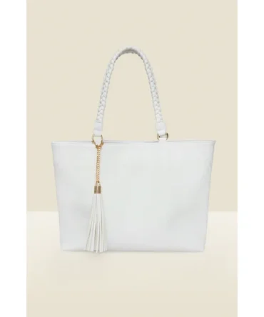 White Textured Tassel Detail Braided Strap Tote Bag
