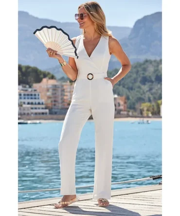 White Wide Leg Linen Blend Wrap Front Jumpsuit