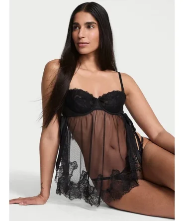 Wicked Sheer Unlined Lace-Trim Babydoll Set